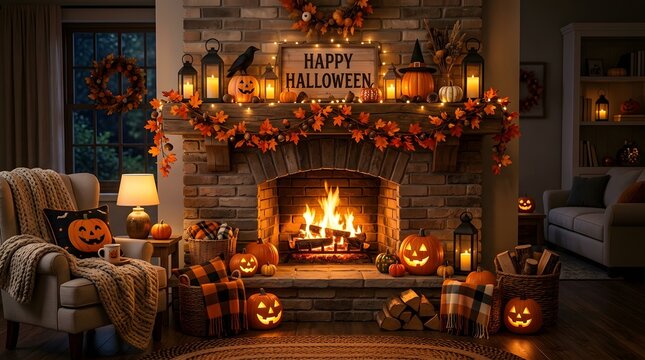 Cozy halloween living room with fireplace and pumpkin decorations