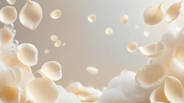 Delicate White Creamy Foam Pieces Shaped Like Petals Floating, Soft Beauty and Skincare Concept Background