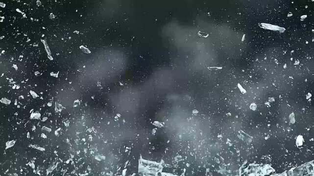 Cinematic glass text shatter effect motion graphics loop on a dark atmospheric background.