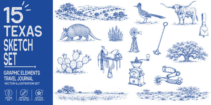 Texas travel journal collection. Hand drawn Lone Star heritage elements. Texas longhorn, bluebonnet, western saddle, Hill Country, cowboy boot spur. Trendy sketch vector set
