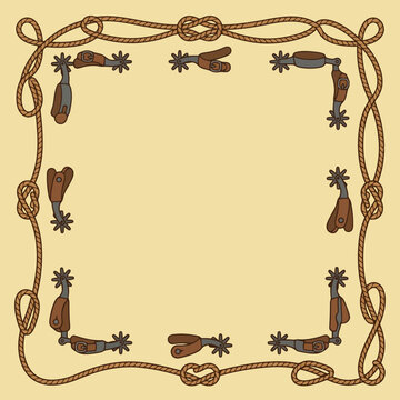 Western rope frame with cowboy spurs on tan background
