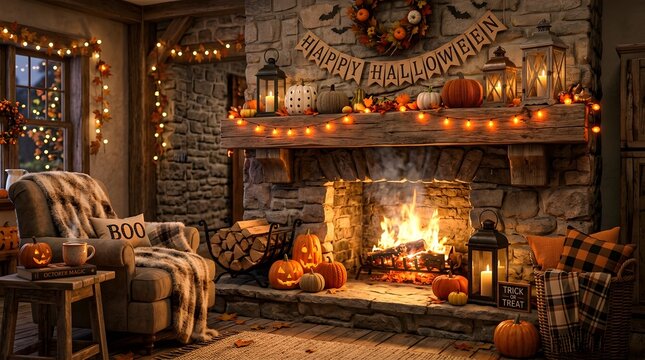 Cozy halloween living room with fireplace and pumpkin decorations