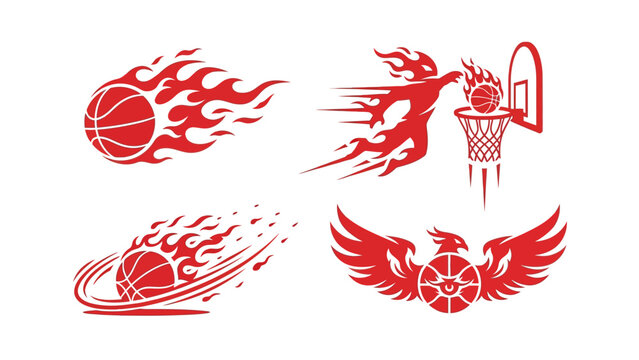 Red flaming basketball vector illustrations set including flying ball dunking player and winged phoenix emblem