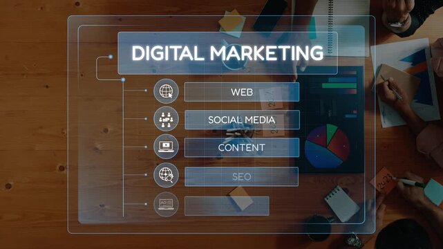 This image showcases various aspects of digital marketing strategies, featuring elements like web marketing, social media, SEO, and effective advertising tactics in a professional setting. Raster