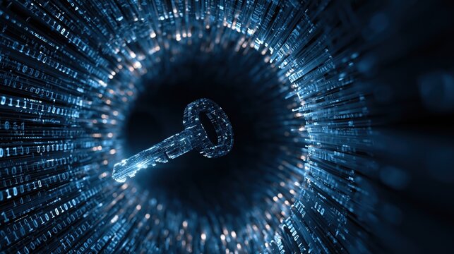 A digital key surrounded by flowing binary code, symbolizing cybersecurity and data protection in a futuristic context.