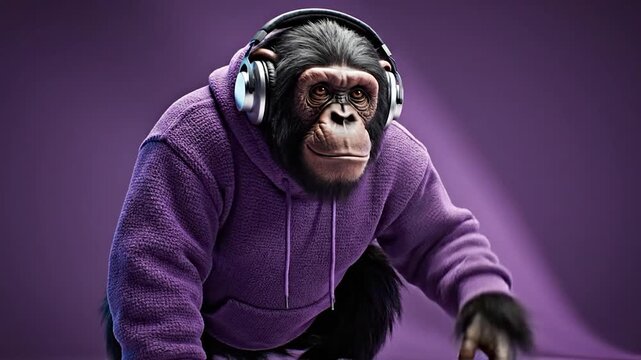 A cool chimpanzee wearing a purple hoodie and headphones