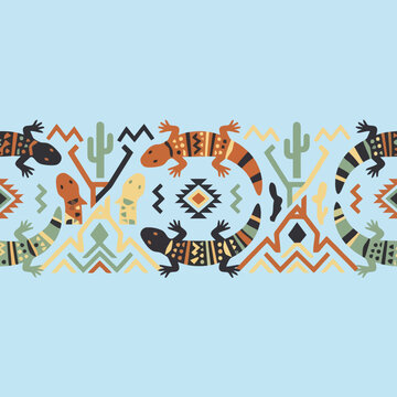 Tribal lizard pattern with desert motifs on blue