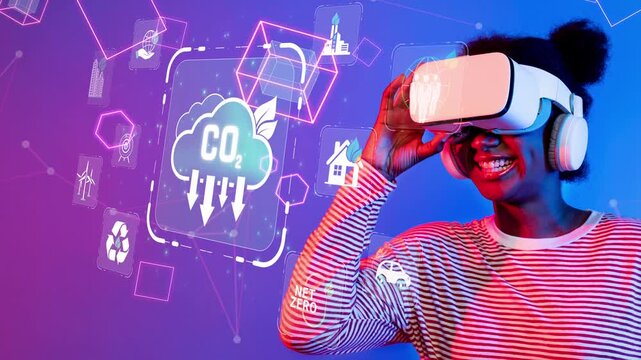 Young person experiencing virtual reality technology to promote sustainability, environmental awareness, and carbon reduction for a greener future Sigmoid