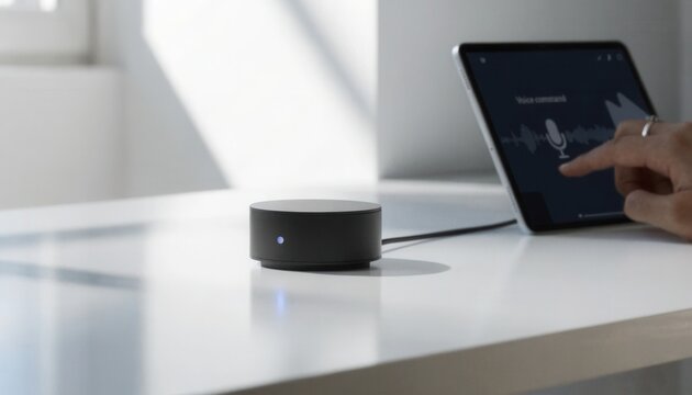 A sleek black smart home device sits on a white table beside a tablet showing voice command