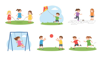 Fototapeta premium Flat vector illustration set of children participating in outdoor recreational activities like jumping rope kite flying and playground games