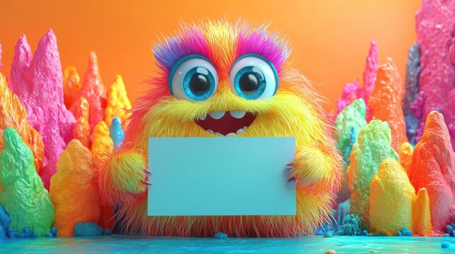 A fluffy, brightly colored creature with large eyes smiles while holding a blank white card