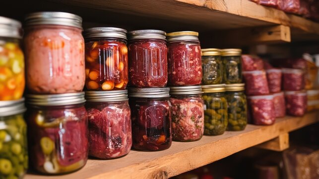 Various jars of preserved foods neatly arranged on rustic wooden shelves
