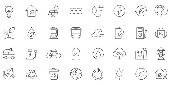 Green Energy and Renewable Power Minimal Outline Icons Set