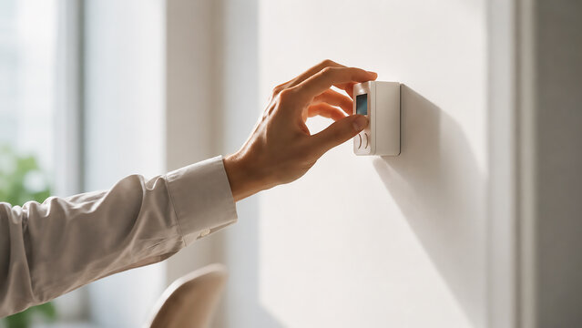Person adjusting smart thermostat on indoor wall near window for temperature control