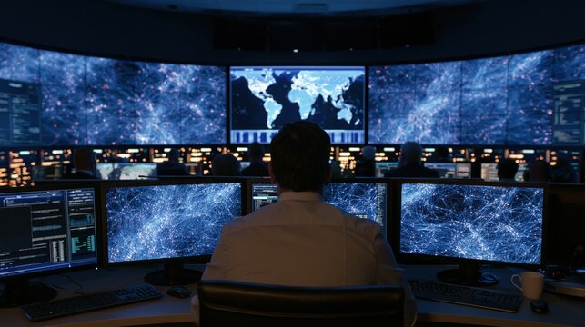 A person monitors multiple screens displaying global data and maps in a high-tech control room.