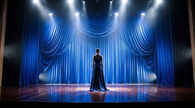 Silhouette of a woman standing on a theater stage in front of blue curtains under spotlights