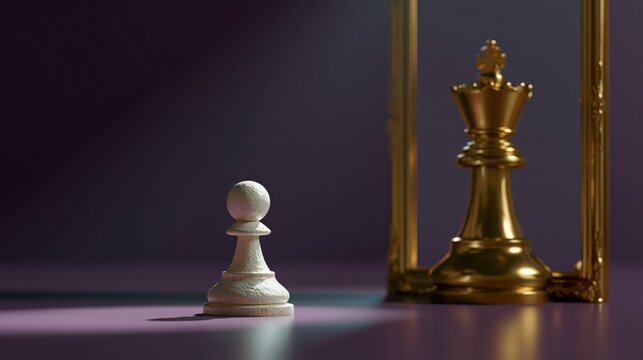 A wooden pawn chess piece stands beside a golden king piece, symbolizing strategy and competition in a minimalist setting.