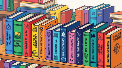 Collection of Colorful Books on Shelf, Representing Knowledge, Exploration, and Adventure, Ideal for Educational or Travel Themes © Nimker harva