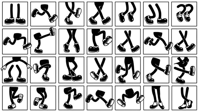 Cartoon Legs Animation Sequence, Character Movement Frames, Black and White