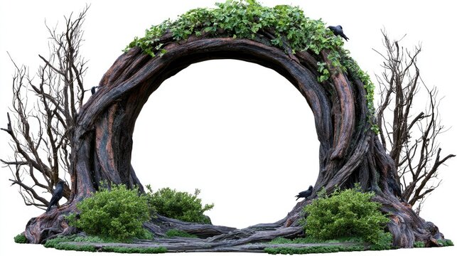 Circular gnarled tree root portal on white background.