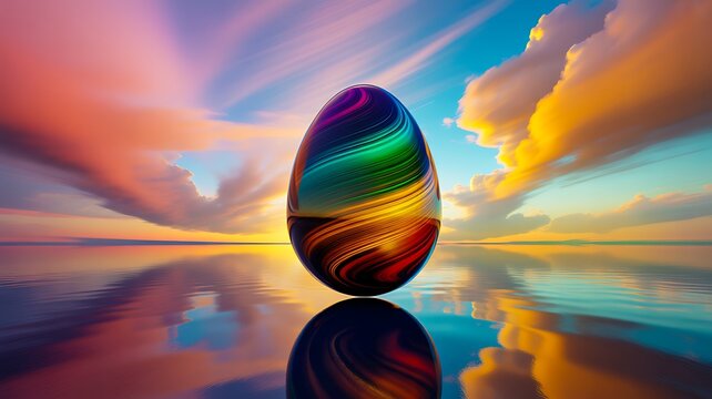 Colorful abstract striped egg reflecting on water with dramatic sunset landscape