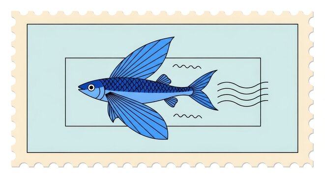 Minimalist Illustration of a Blue Flying Fish on a Vintage Style Postage Stamp with Perforated Edges