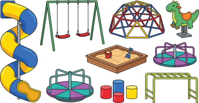 Kids Playground Equipment Vector Set featuring Colorful Slides, Swings, Sandbox, Merry Go Round, and Climbing Structures for Children Activity Designs