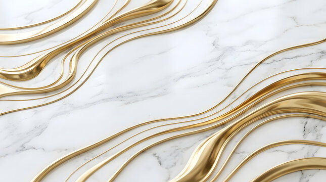 Elegant White Marble Background Featuring Abstract Flowing Gold Metallic Lines and Luxurious Fluid Patterns