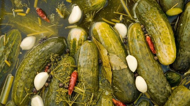 Close-up of homemade pickled gherkins in brine with garlic cloves, dill, and chili peppers