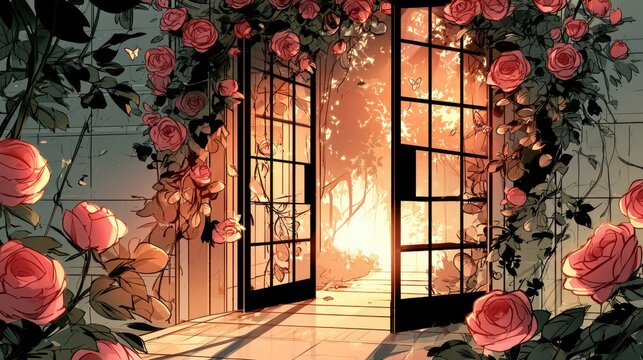 Open glass doors reveal a sunlit rose garden in warm golden light. Romantic concept for fantasy book covers or posters.
