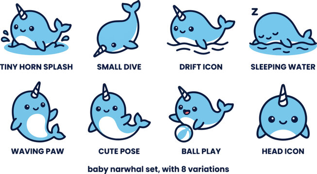 Cute baby narwhal character set with various poses and emotions, cute sea animal vector illustration