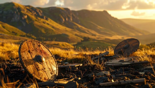 Ancient wooden viking shields lying on a grassy battlefield at sunset with mountains in the background