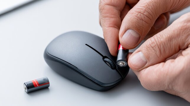 Hands inserting a battery into a computer mouse. Another battery is on the table