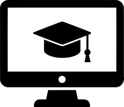 Black computer monitor icon with a graduation cap on the screen