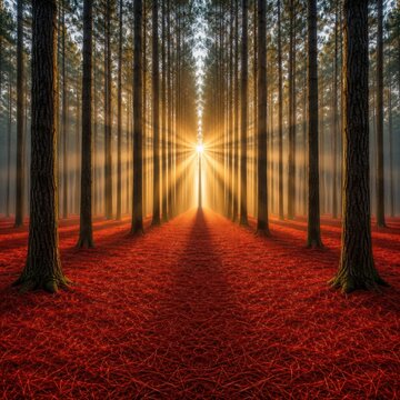Sunburst Forest Path Through Crimson Pine Needles