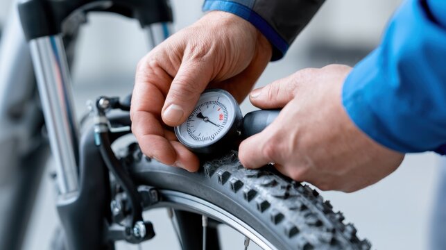 Close-up of a person's hands using a tire pressure gauge to check the air pressure in a bicycle tire. The focus is on the tire, the gauge, and the hands, with the background blurred