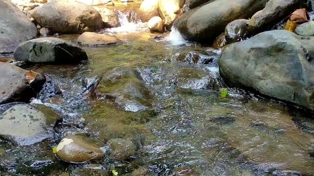 Water glides smoothly across a wide, rocky riverbed, moving around scattered stones of varying sizes. The gentle, unbroken flow produces a calming ASMR sound suited for relaxing into deep sleep.