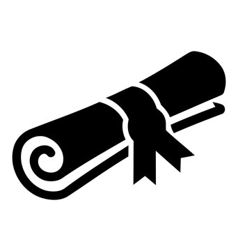 Black diploma scroll icon with ribbon for graduation and education