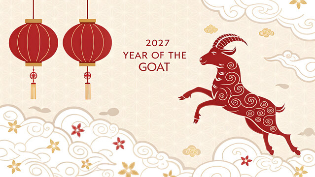 Illustration of Year of the Goat 2027 Featuring Traditional Chinese Symbols and Decorative Elements transparent background