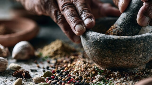 A close-up shot of hands grinding spices in a stone mortar and pestle, surrounded by a colorful array of aromatic ingredients