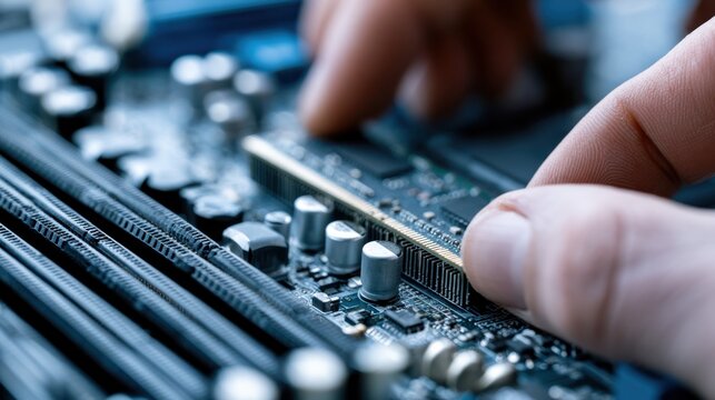 Close-up of a person's hands installing a RAM module into a computer motherboard. The intricate details of the circuitry and components are visible