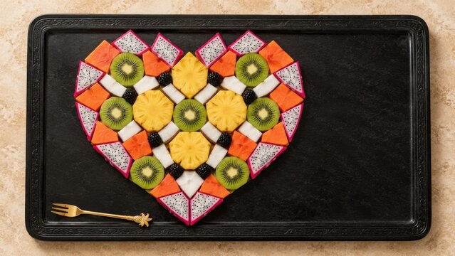 Tropical Fruit Mosaic Platter In Heart Shape