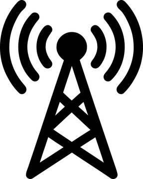 Black radio tower antenna icon with signal waves for communication