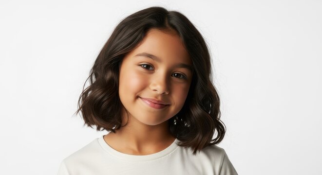 Portrait of a Happy Young Girl with Dark Wavy Hair Smiling Against a Clean White Studio Background