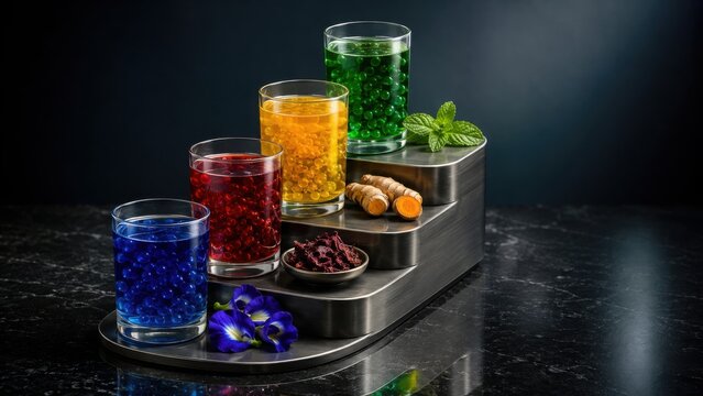 Colorful Herbal Tonic Drinks On Tiered Bar Stand