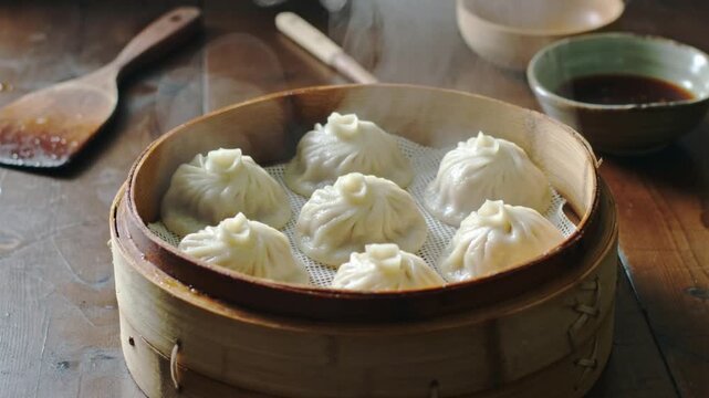 Chinese steamed dim sum dumplings served in a bowl with fresh vegetables and soup, healthy gourmet Asian cuisine meal prepared in a kitchen for lunch or dinner