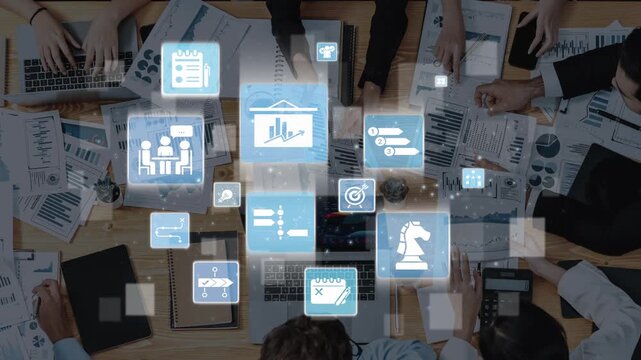Project planning icons showing business management, teamwork, scheduling, strategic planning, project development, organization, and goal setting with modern workflow and process management. Funnel