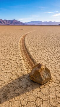 Sailing Stone Trail Across Cracked Desert Playa