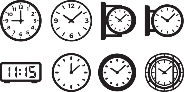 Various analog clocks showing different times in minimalist style Vector