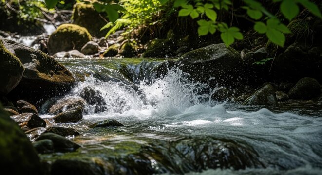 Rushing Water in a Forest Stream Over Rocks